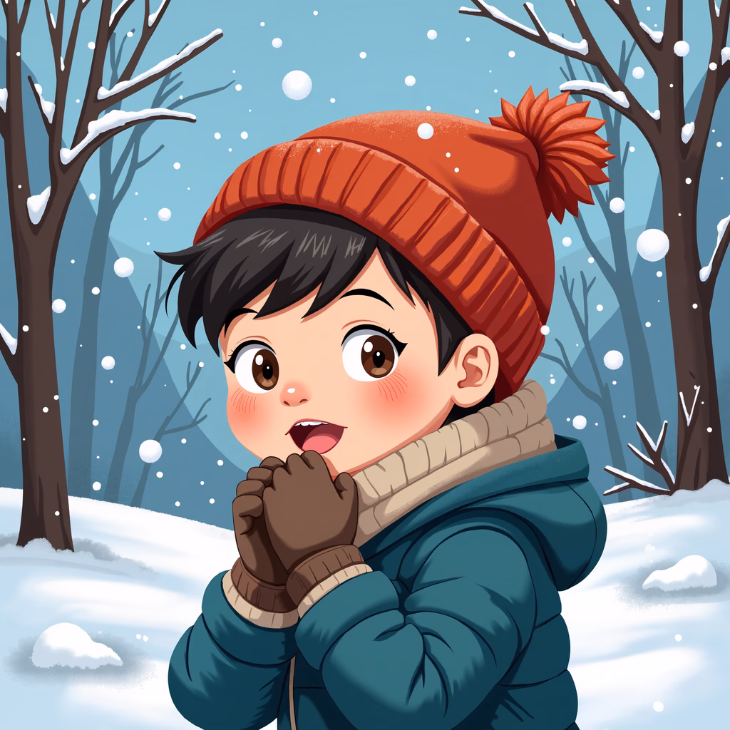 A cozy winter scene featuring a child in a snowy forest.