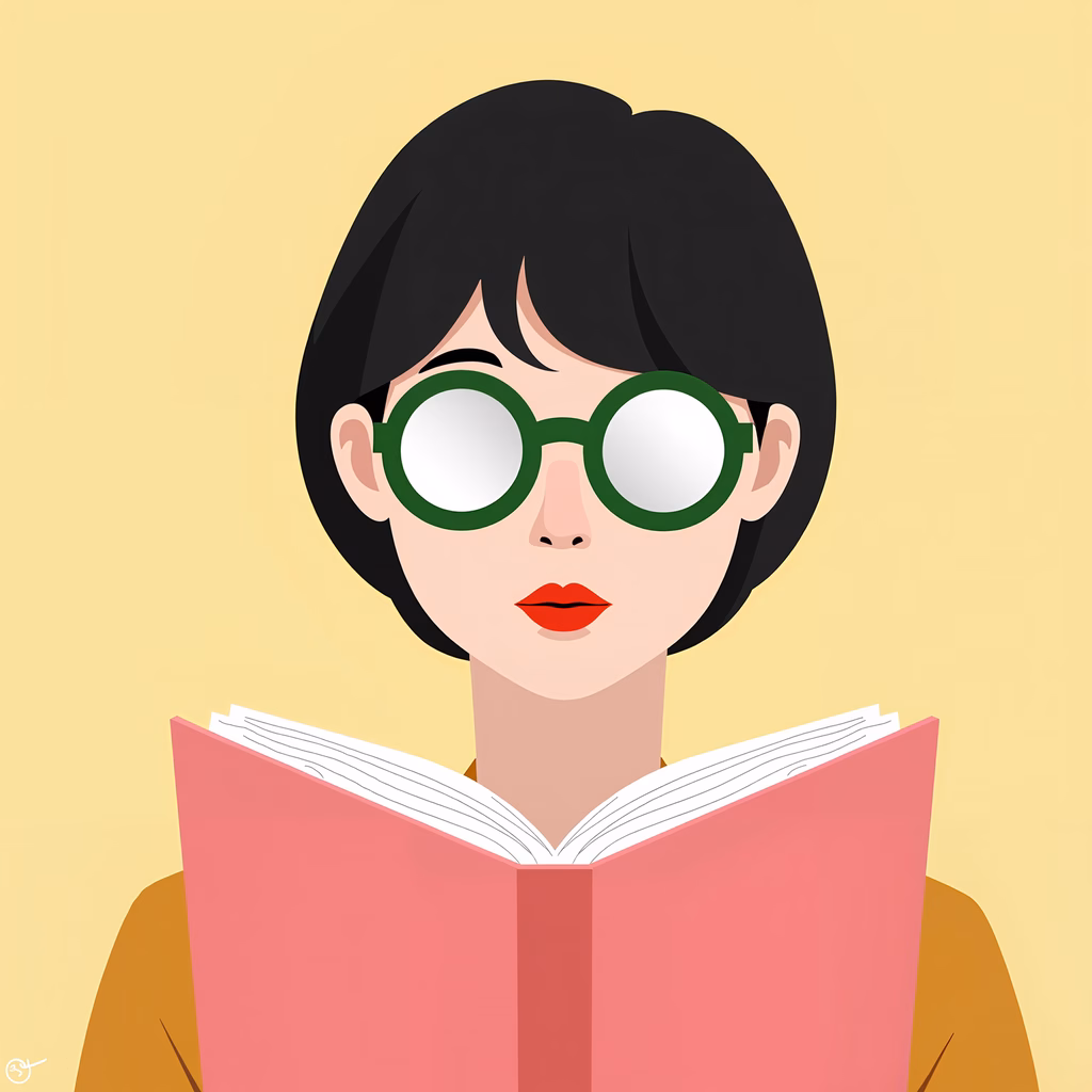 A woman with green glasses reading a book, set against a warm yellow backdrop.