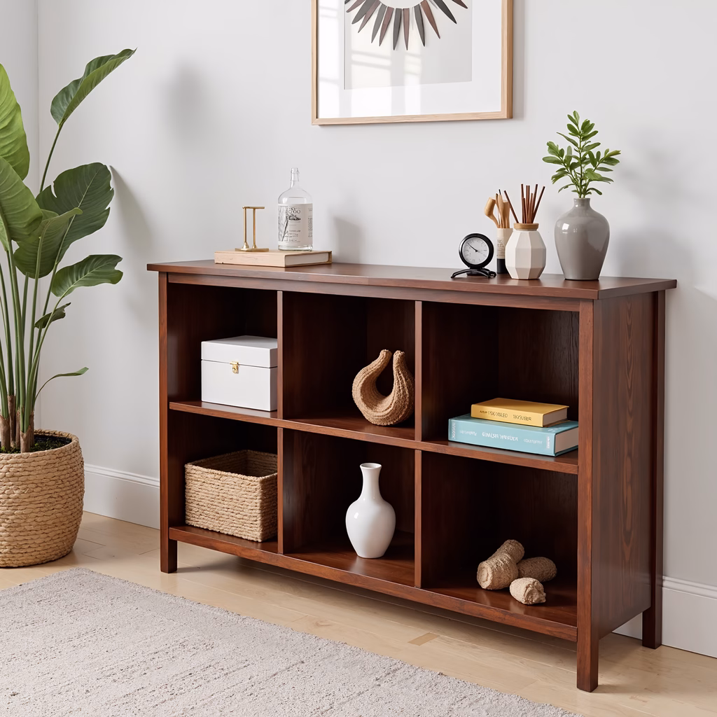 Minimalistic wooden bookshelf with decor items and a potted plant in a serene living space.