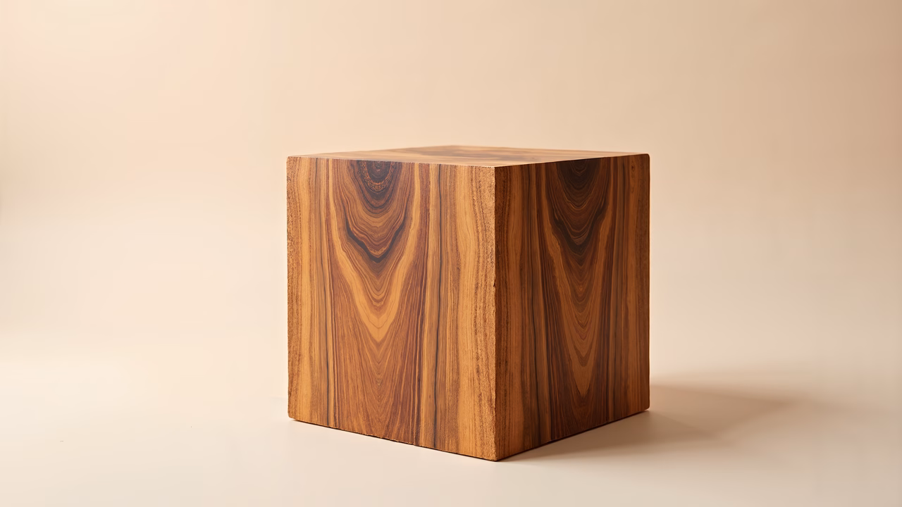 Close-up of a wooden cube with intricate grain patterns, showcasing natural beauty and smooth texture.