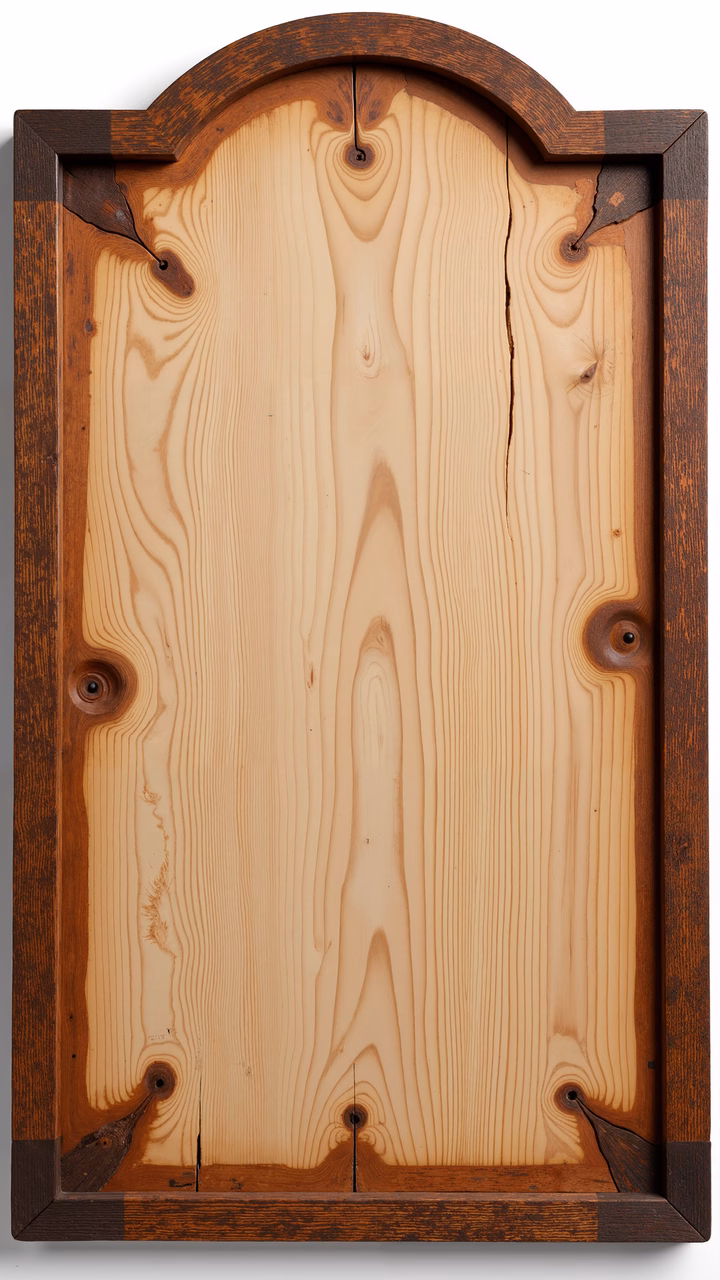 A rustic wooden plaque with intricate grain patterns and dark framing.