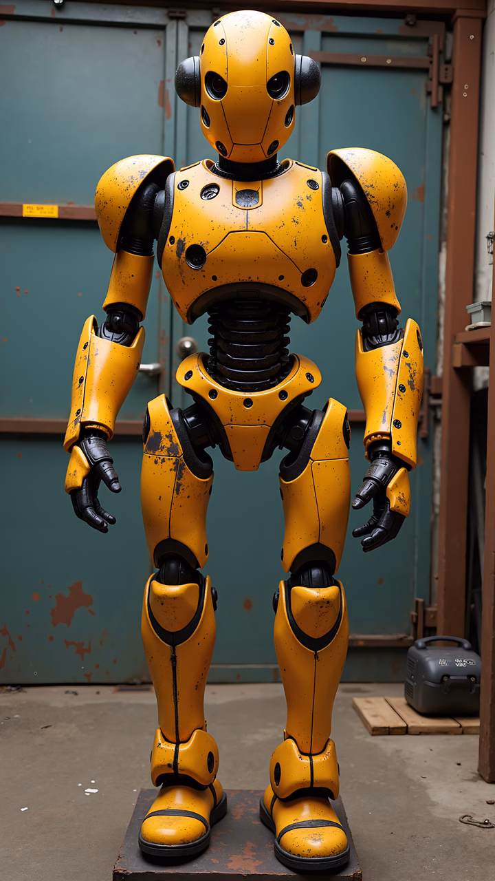 Rusty yellow robot in an industrial setting, dystopian sci-fi vibe.