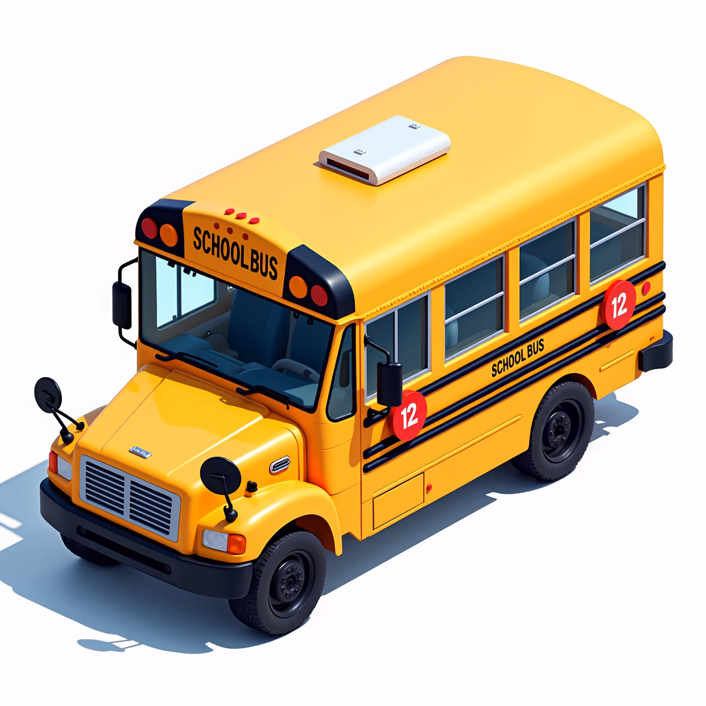 A colorful, detailed illustration of a yellow school bus with the number '12'.