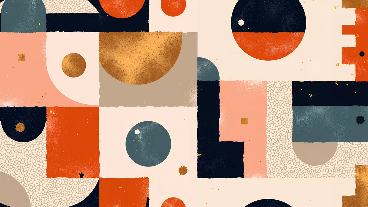 Dynamic abstract composition with warm and cool tones, intricate textures, and geometric patterns.