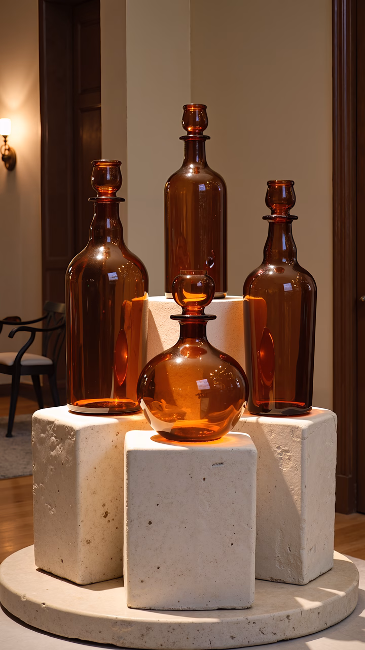 A serene still life arrangement of amber bottles on concrete blocks, illuminated by natural light.