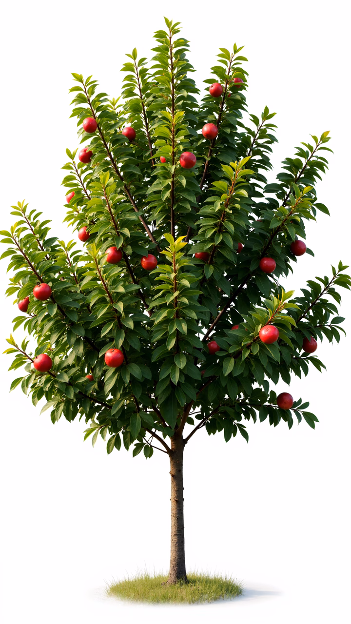 Vibrant apple tree illustration with red fruits and green leaves.