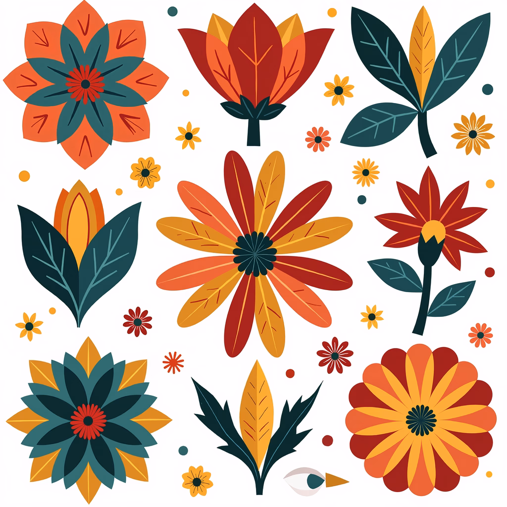 Vibrant autumn floral illustration with warm colors and geometric shapes.