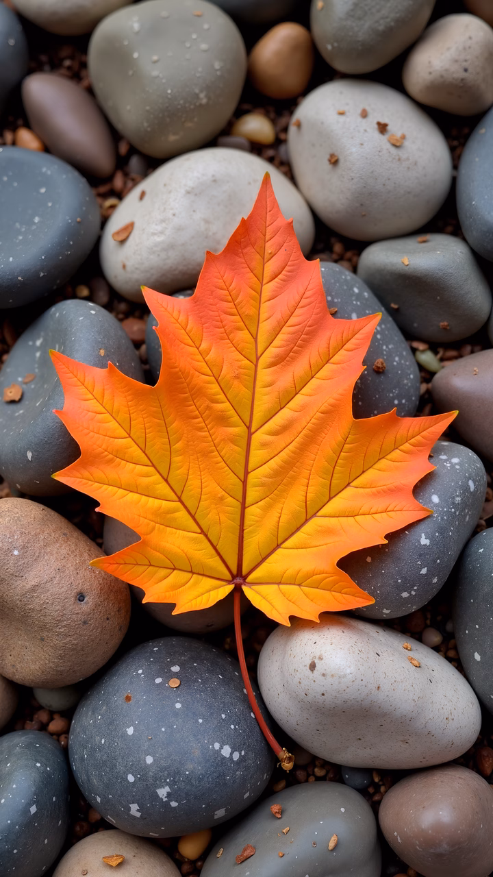 Vibrant autumn leaf amidst smooth stones, symbolizing nature’s tranquility.