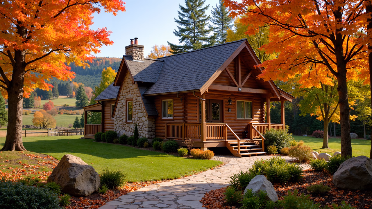 A charming log cabin surrounded by autumn colors, perfect for relaxation and nature appreciation.
