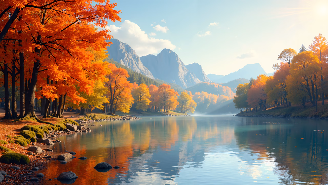 Vibrant autumn colors reflect in a tranquil lake under a serene sky.