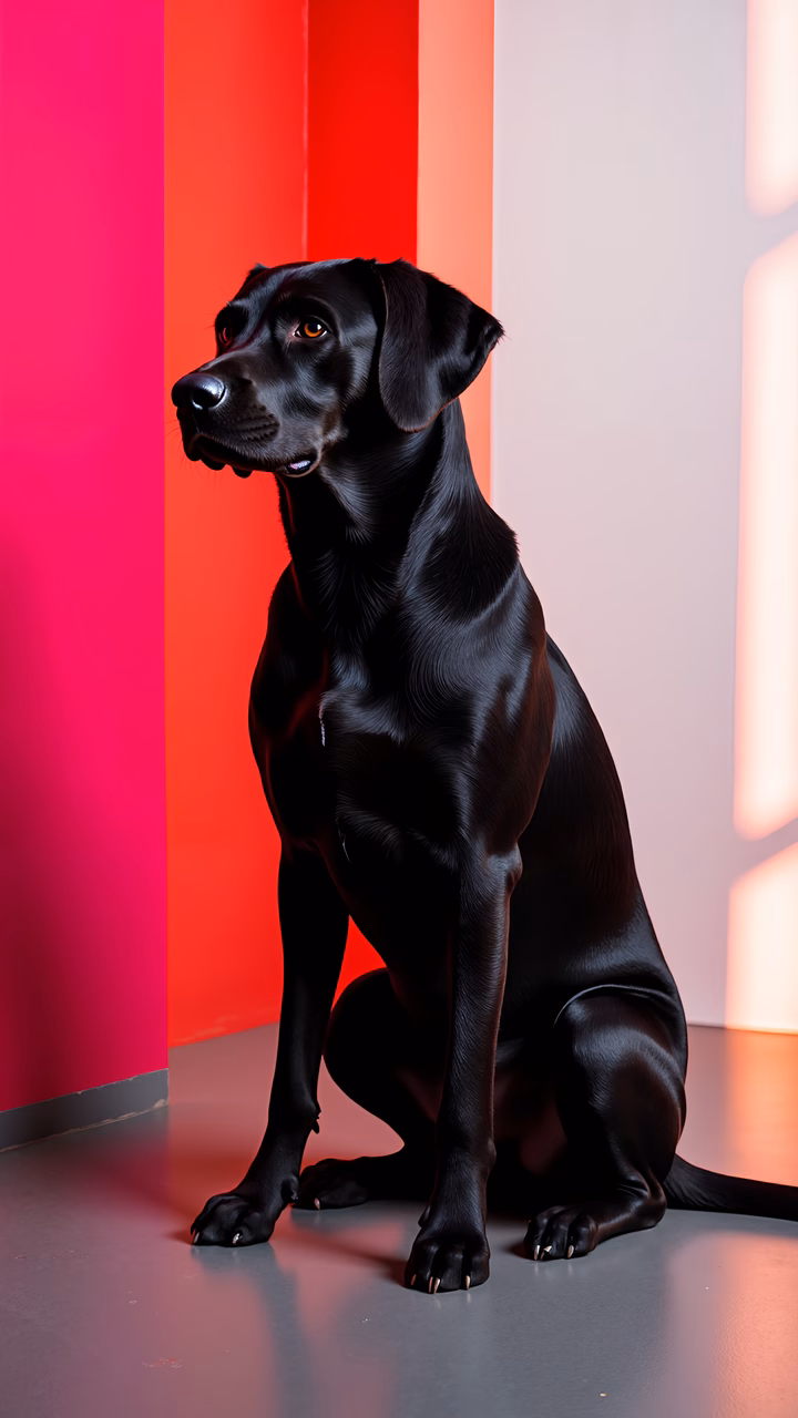 A black Labrador sitting against a colorful striped background, showcasing elegance and calmness.