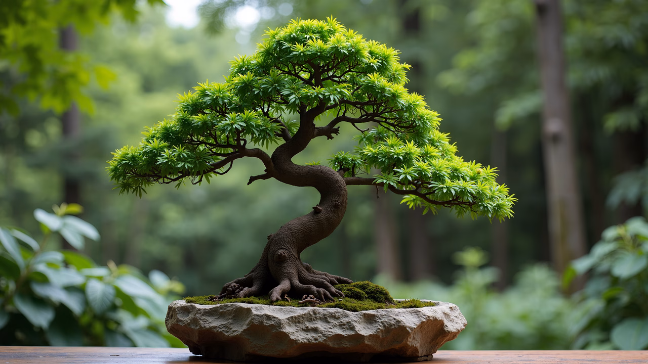 A serene bonsai tree illustration set in a tranquil forest environment.
