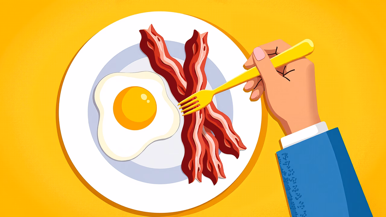 A colorful illustration of a breakfast meal with a sunny-side-up egg and crispy bacon, set against a bright yellow background.