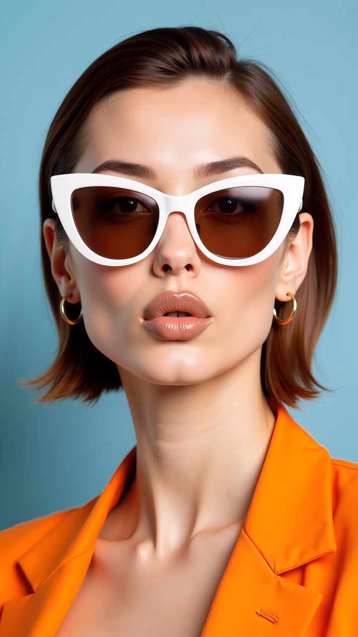 Close-up portrait of stylish sunglasses and vibrant orange blazer.