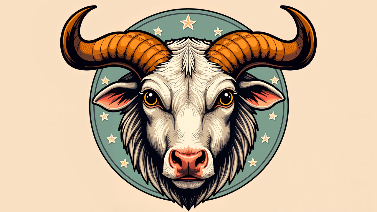 Detailed bull illustration with expressive eyes and star-adorned background.