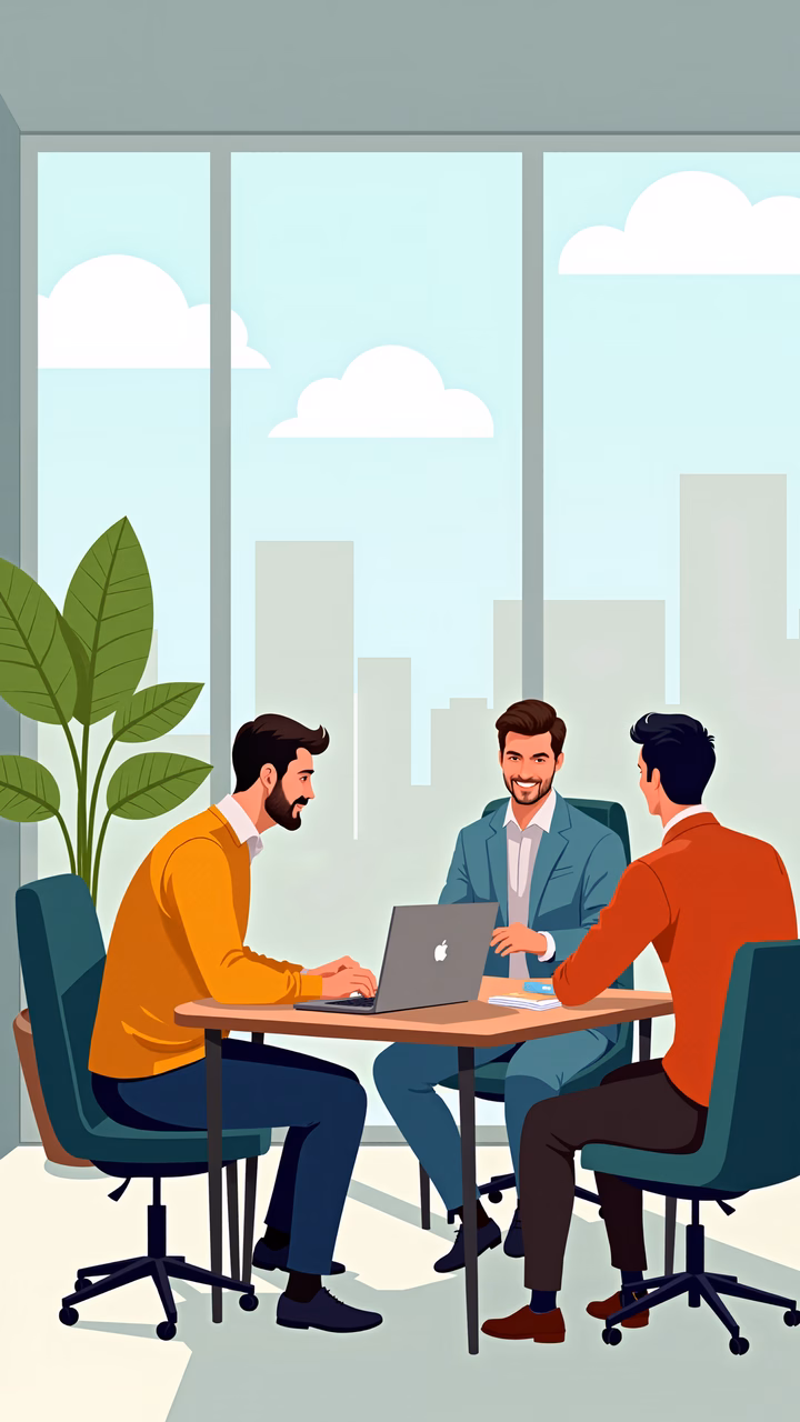 Professional business meeting in a modern office with three individuals discussing over a laptop.
