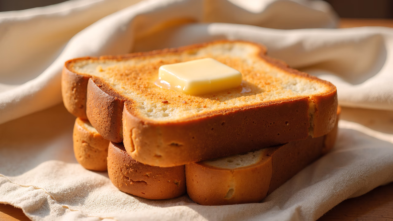 Golden toast slices with melting butter, captured in a cozy, homey setting.
