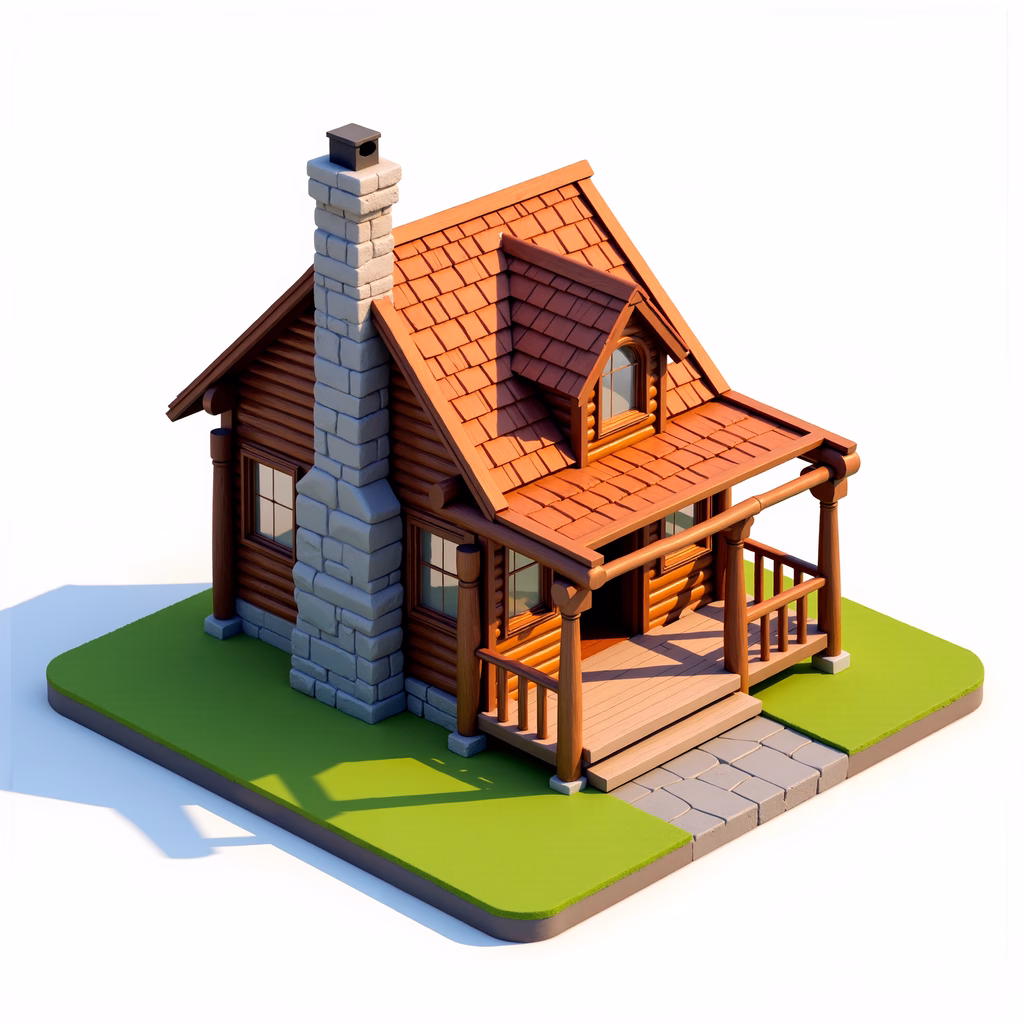 Warm, rustic cabin with red tiles and wooden porch, inviting and cozy.