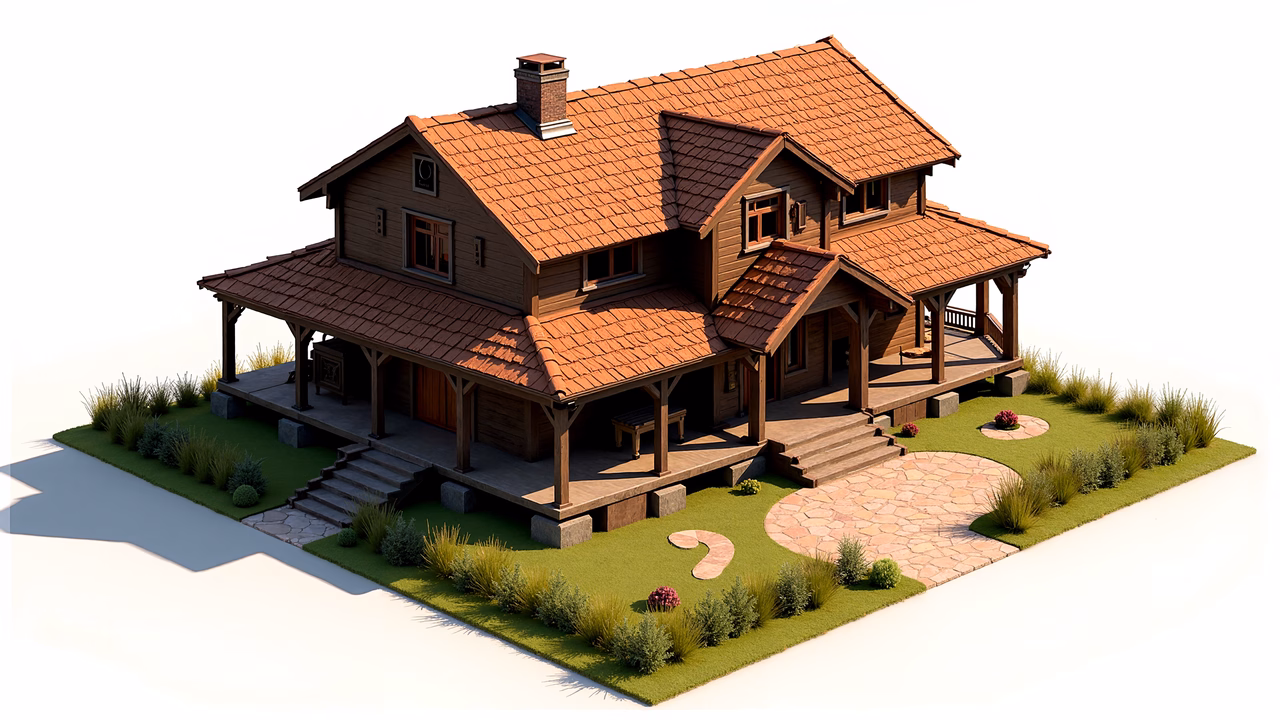Rustic cabin with red roof and wooden details, serene outdoor setting.