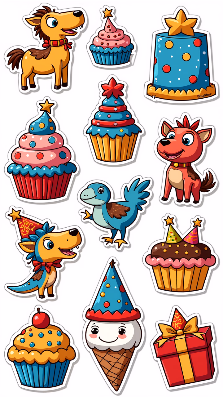 Brightly colored cartoon birthday party stickers featuring animals and cupcakes.