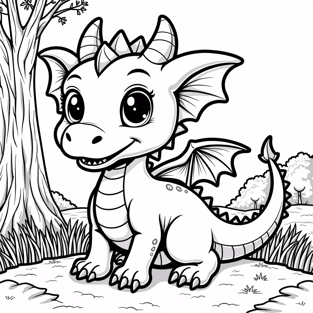 Cute cartoon dragon in a forest setting