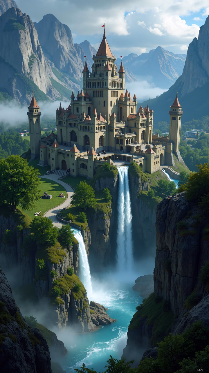 Epic fantasy castle overlooking a majestic waterfall and turquoise river.