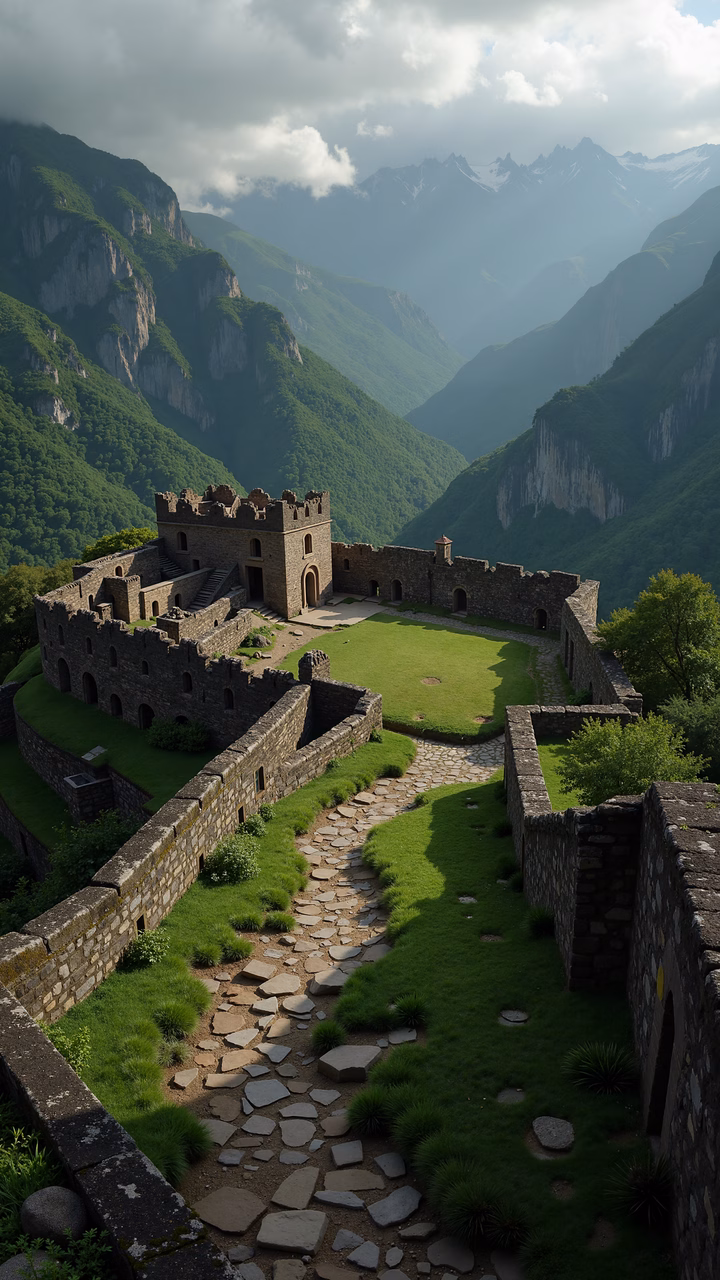 Medieval castle ruins surrounded by mountains, serene and historic atmosphere.