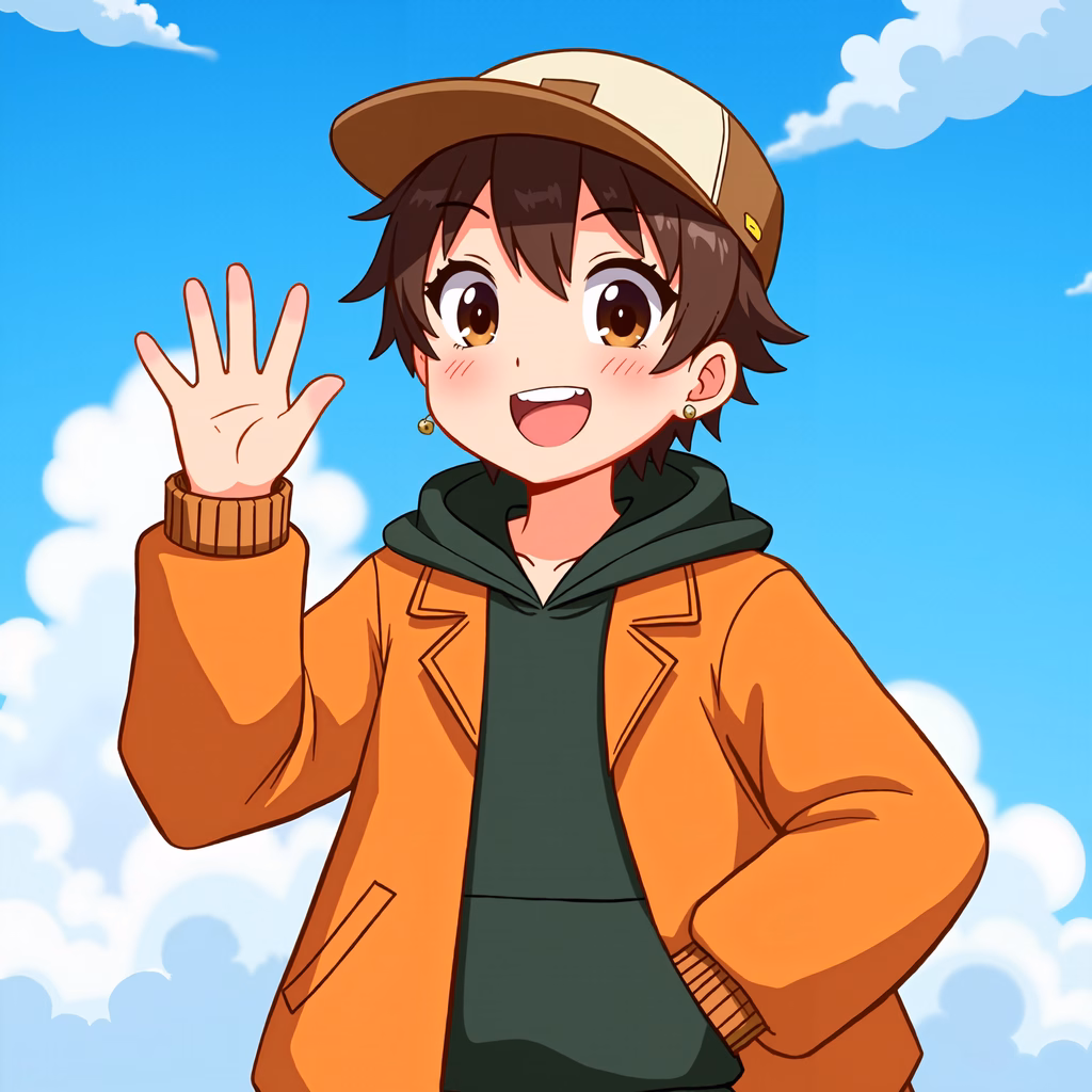 A happy anime character waving against a sunny sky backdrop.