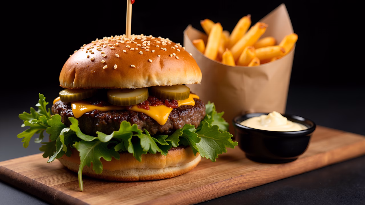 A delicious cheeseburger with fries and sauce on a wooden board.