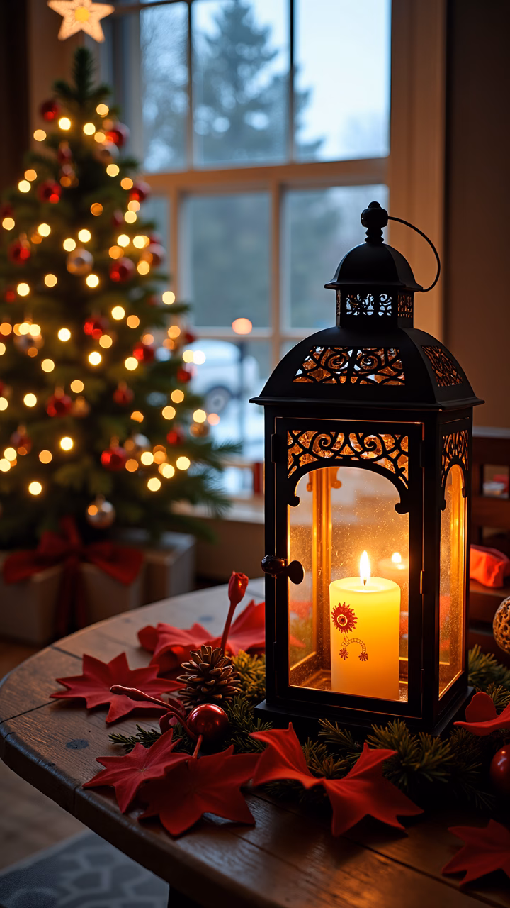 Warm candlelight and festive red decor create a cozy holiday ambiance.