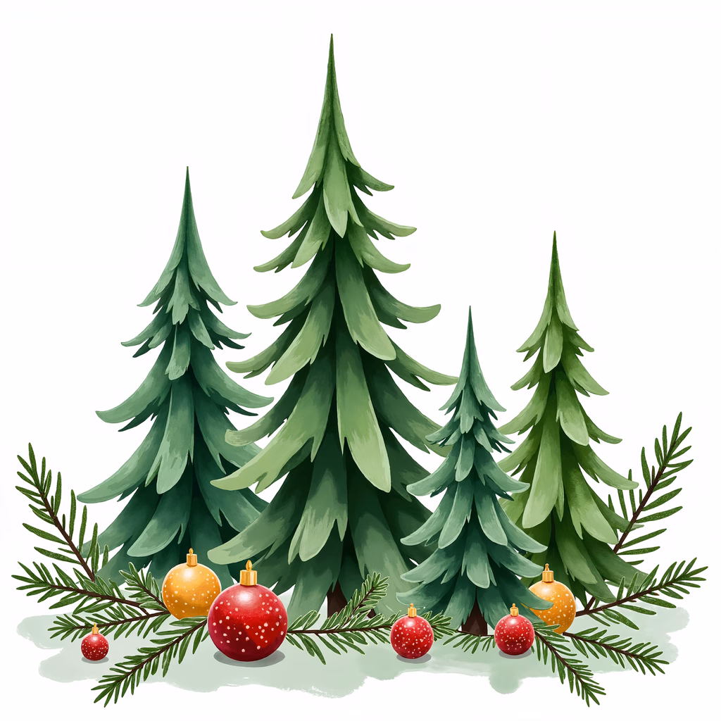 Festive Christmas tree illustration with ornaments and pine branches.