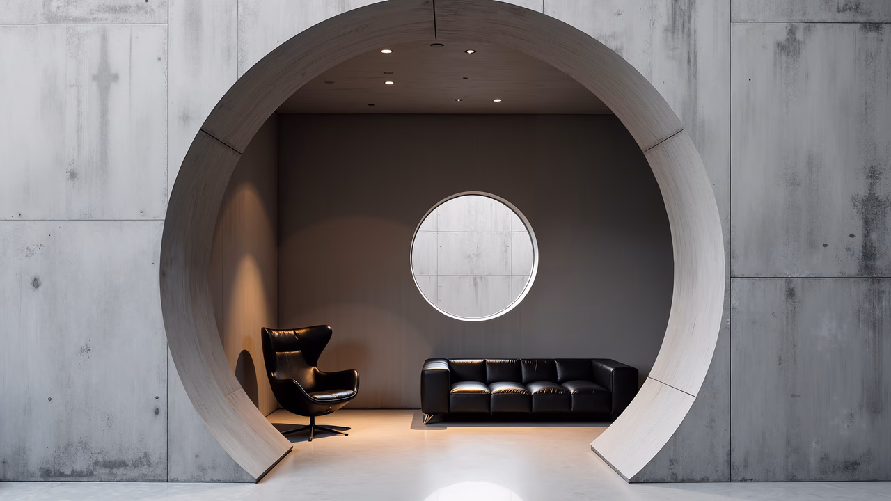 Minimalist circular archway interior with concrete walls and sleek furniture.