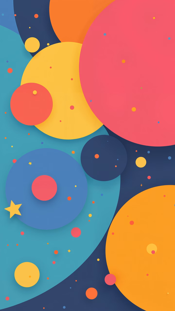 Vibrant abstract shapes in primary colors on a deep blue background.