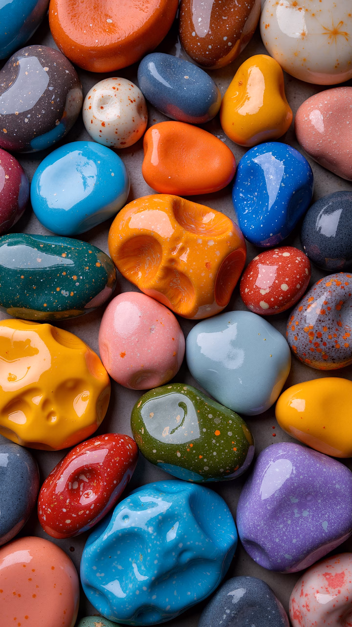 Vibrant ceramic rocks with glossy finishes and speckled details.