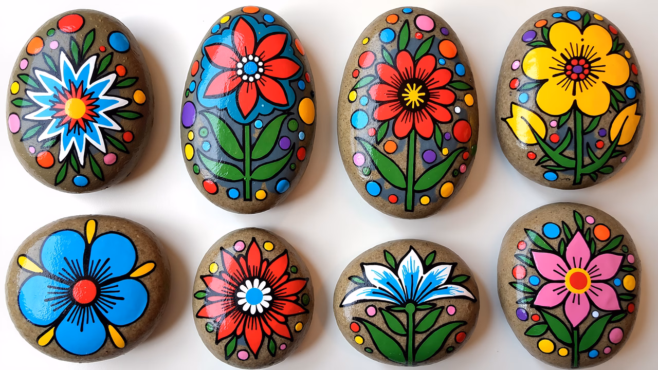Vibrant floral painted rocks, artistic and cheerful