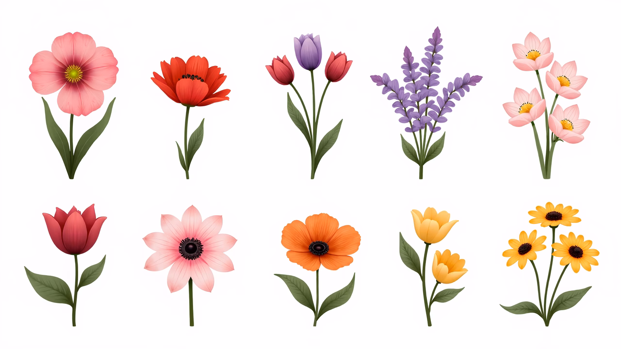 A colorful array of stylized flowers on a white background.
