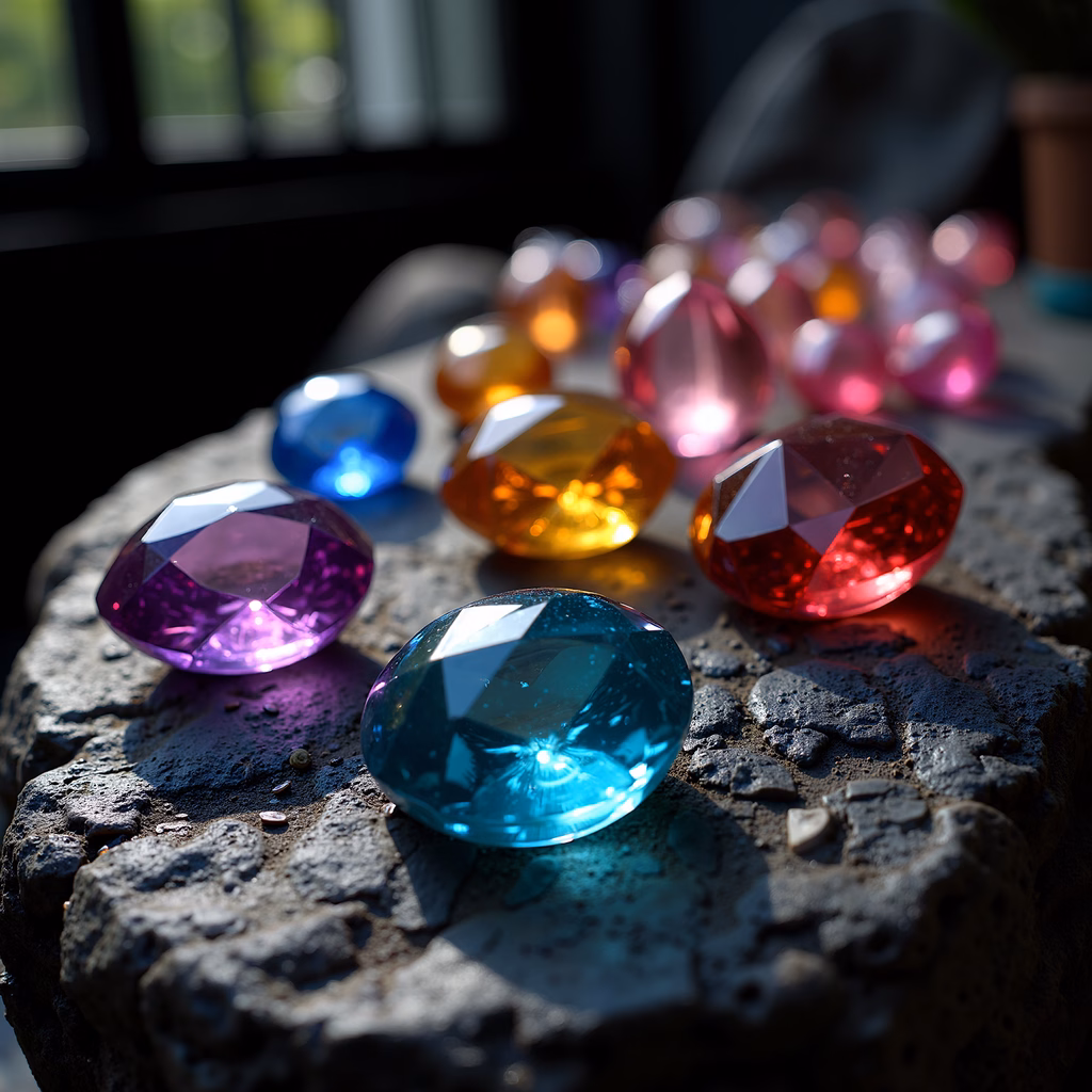 Vibrant gemstones on a textured stone surface, reflecting light beautifully.