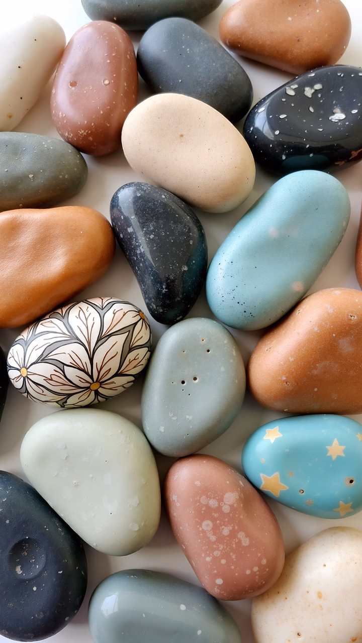 Vibrant painted rocks with unique designs and soft pastel colors.