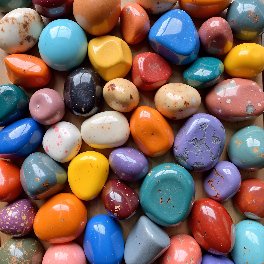 Brightly colored painted rocks with glossy textures and speckled details.