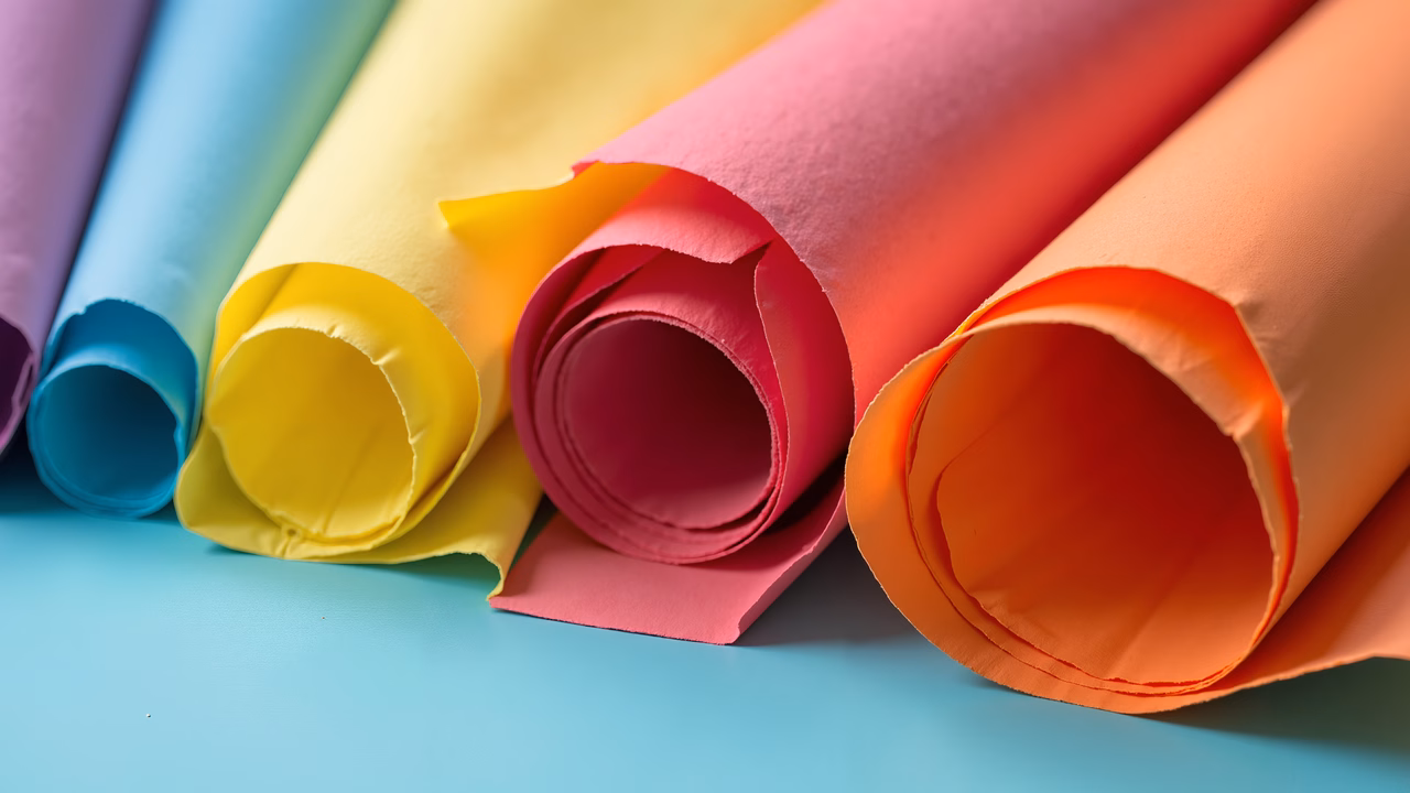 Brightly colored paper rolls on a smooth surface.