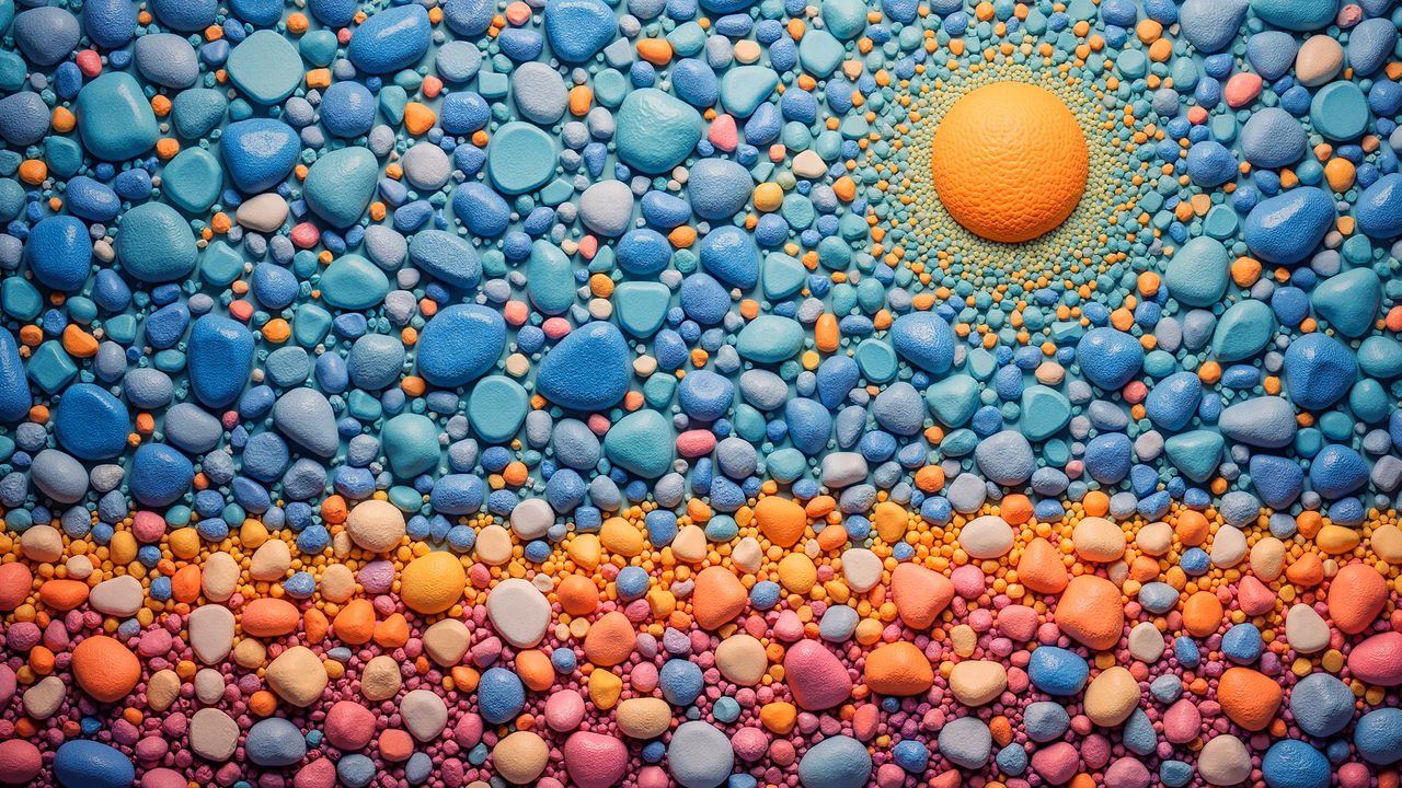 Vibrant pebble mosaic with radial arrangement and colorful gradients.