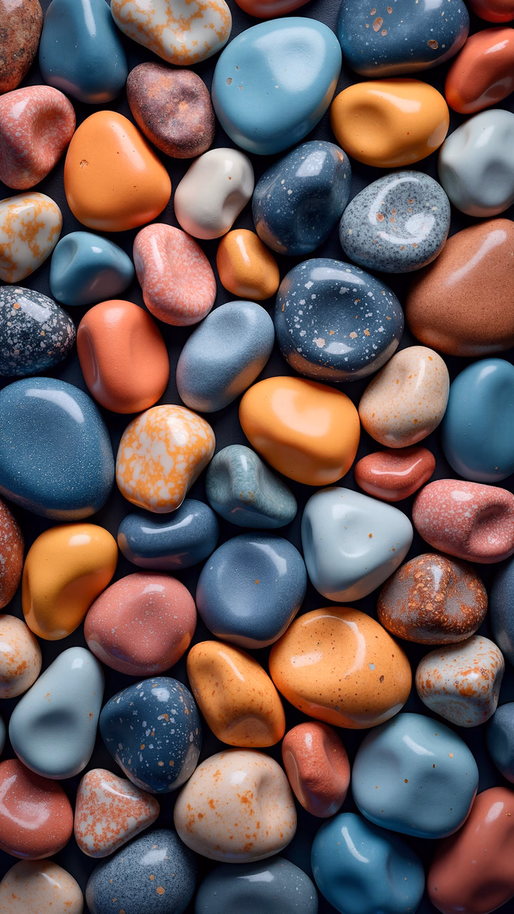 Vibrant pebbles with unique speckled patterns in a glossy finish.
