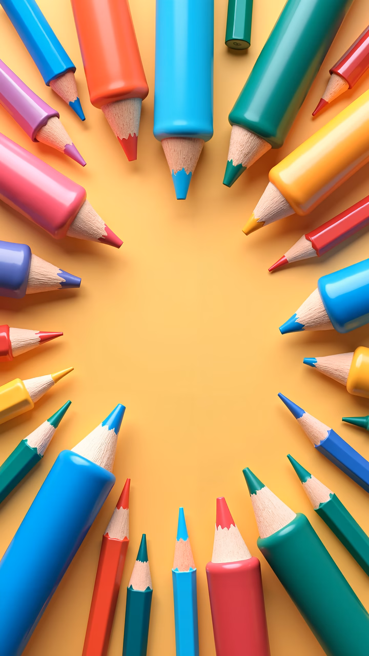 Brightly colored pencils arranged in a circular pattern on a yellow background, symbolizing creativity and playfulness.