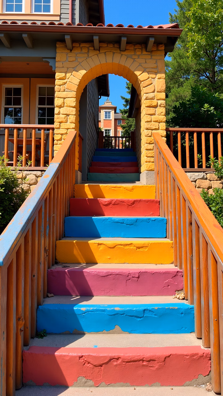 Brightly colored rainbow stairs leading to a stone archway under a sunny sky.