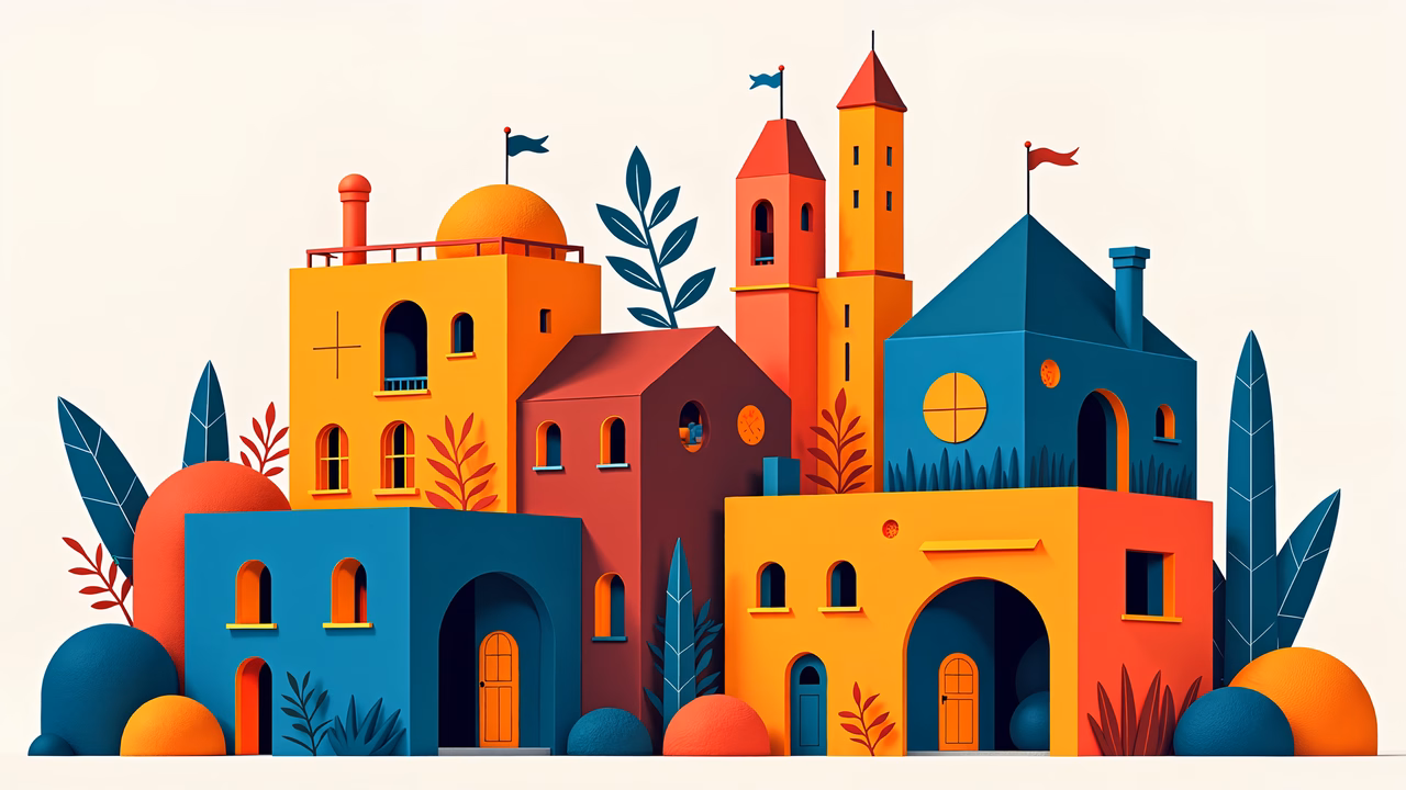 A cheerful and colorful village illustration featuring whimsical architecture and vibrant colors.