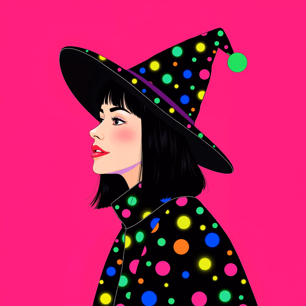 Vibrant witch illustration with colorful polka dots on black attire and pink background.