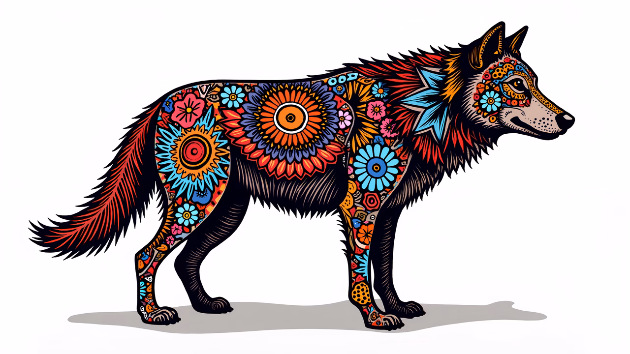 Vibrant, colorful wolf illustration with intricate floral patterns.