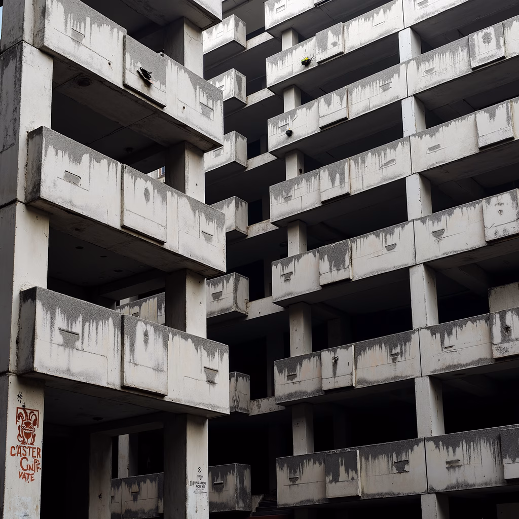 Symmetrical concrete balconies in muted tones, architectural precision.
