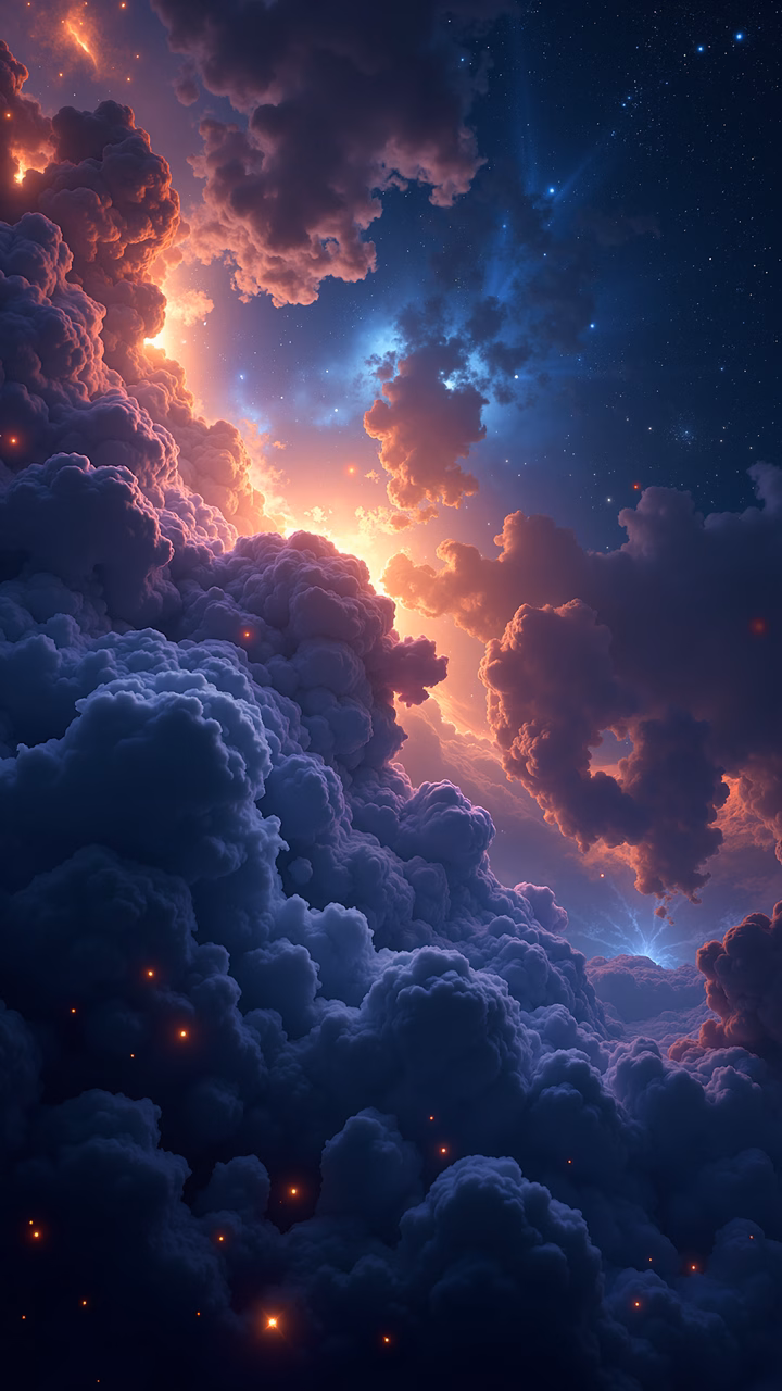 Vibrant cosmic cloudscape with fiery glow and starry sky.