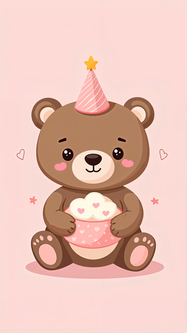 A cute teddy bear with a party hat holding a heart-decorated cupcake, celebrating joyfully.